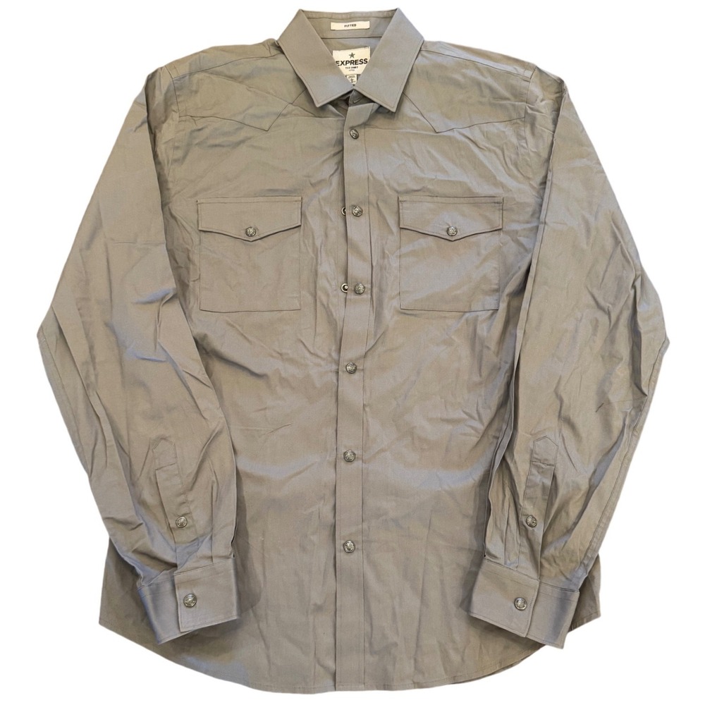 Express TX8 Fitted Shirt Mens Large Gray Western Snap Button Down Long Sleeve